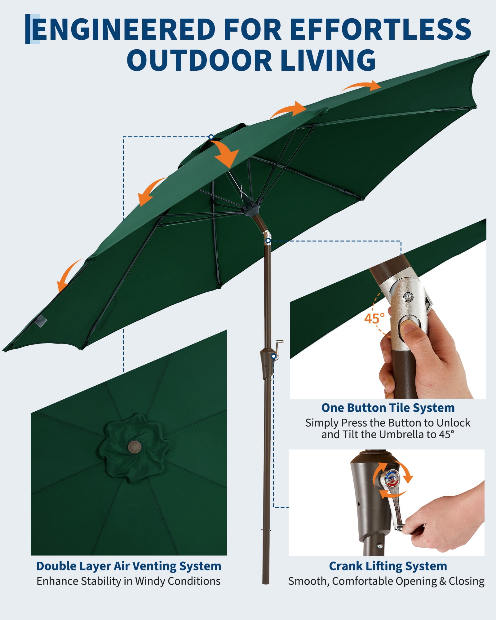 SOLLED 10FT Patio Umbrella with Push Button Tilt & Crank, Outdoor Market Table Umbrella with 8 Ribs for Garden Backyard Deck Pool,Dark Green