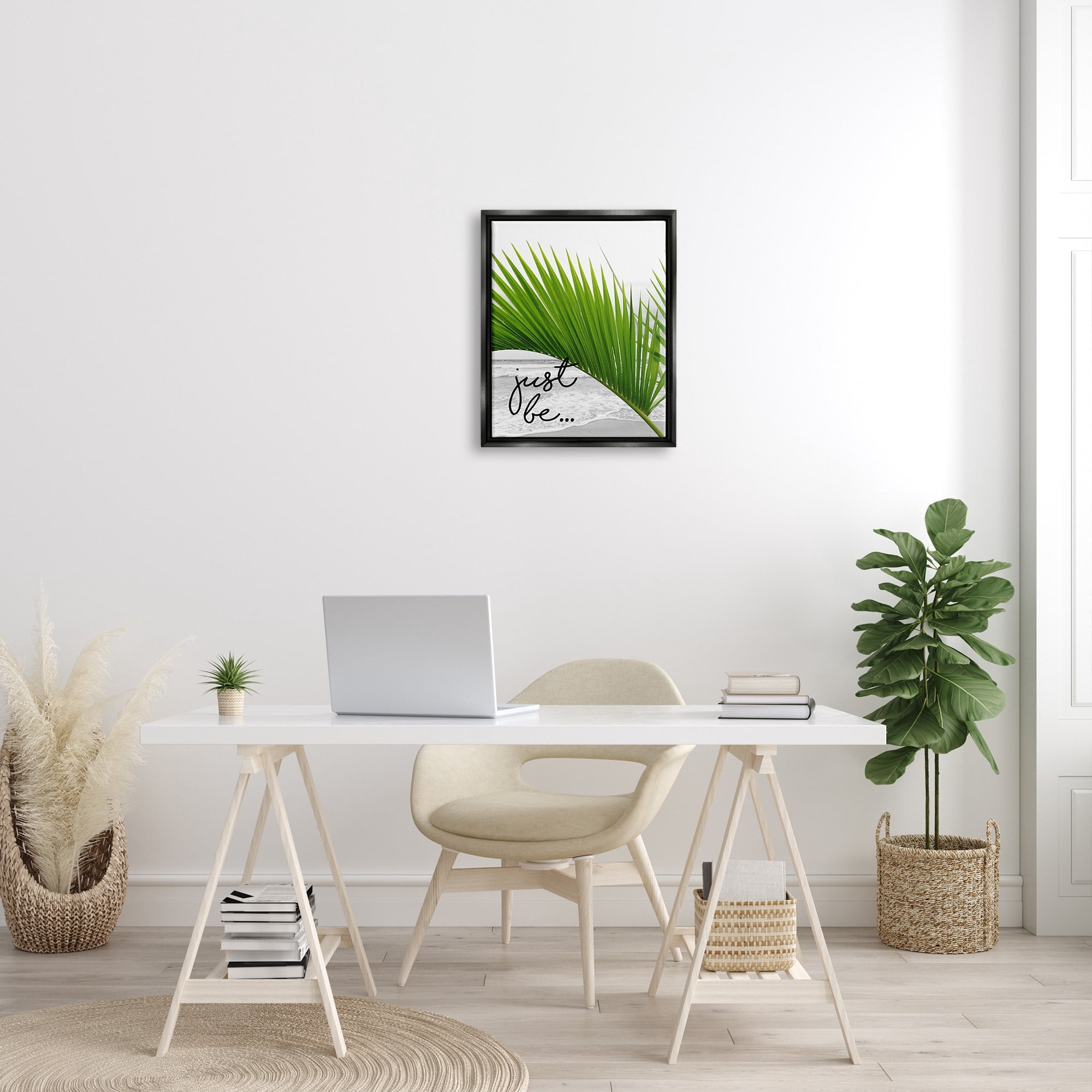 Stupell Industries Just Be Soothing Green Palm Seaside Ocean Shore Graphic Art Luster Gray Floating Framed Canvas Print Wall Art, Design by J. Weiss