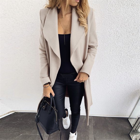 Bmisegm Women Long Sleeve Hairy Open Front Short Cardigan Suit Jacket Solid Long Coat Jackets for Women Beige M