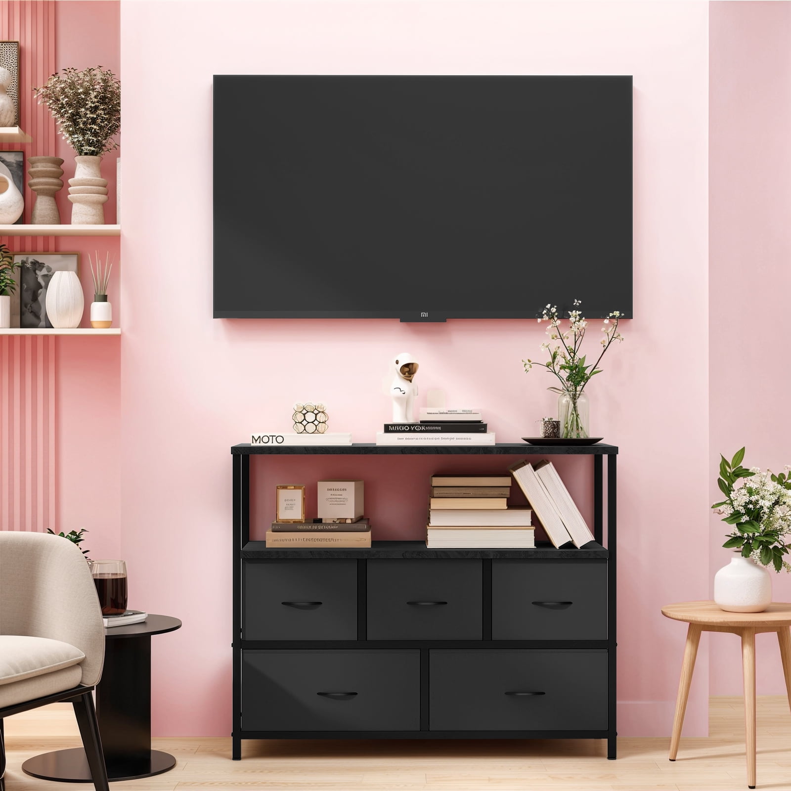 Small TV Stand, Black Dresser TV Stand for Bedroom, Entertainment Center for 45 Inch TV with Drawers, Fabric, Adjustable Feet, Living Room
