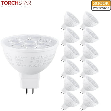 

TORCHSTAR 12 Pack MR16 LED Light Bulb GU5.3 Bi-Pin Base 50W Halogen Equivalent 6.5W 12V AC/DC Spotlight Bulb 550lm 3000 Warm White for Recessed Light Track Lighting 3-years Warranty