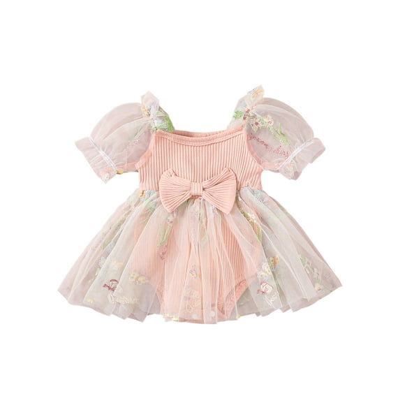 EYIIYE Kids Girl Summer Romper 0 3M 6M 12M 18M 24M Toddler Baby Casual Dress Short Puff Sleeve A-line Dress Bow Front Ribbed Bodysuit Newborn Tulle Hem Skirt Dress Princess Dress for Vacation Party