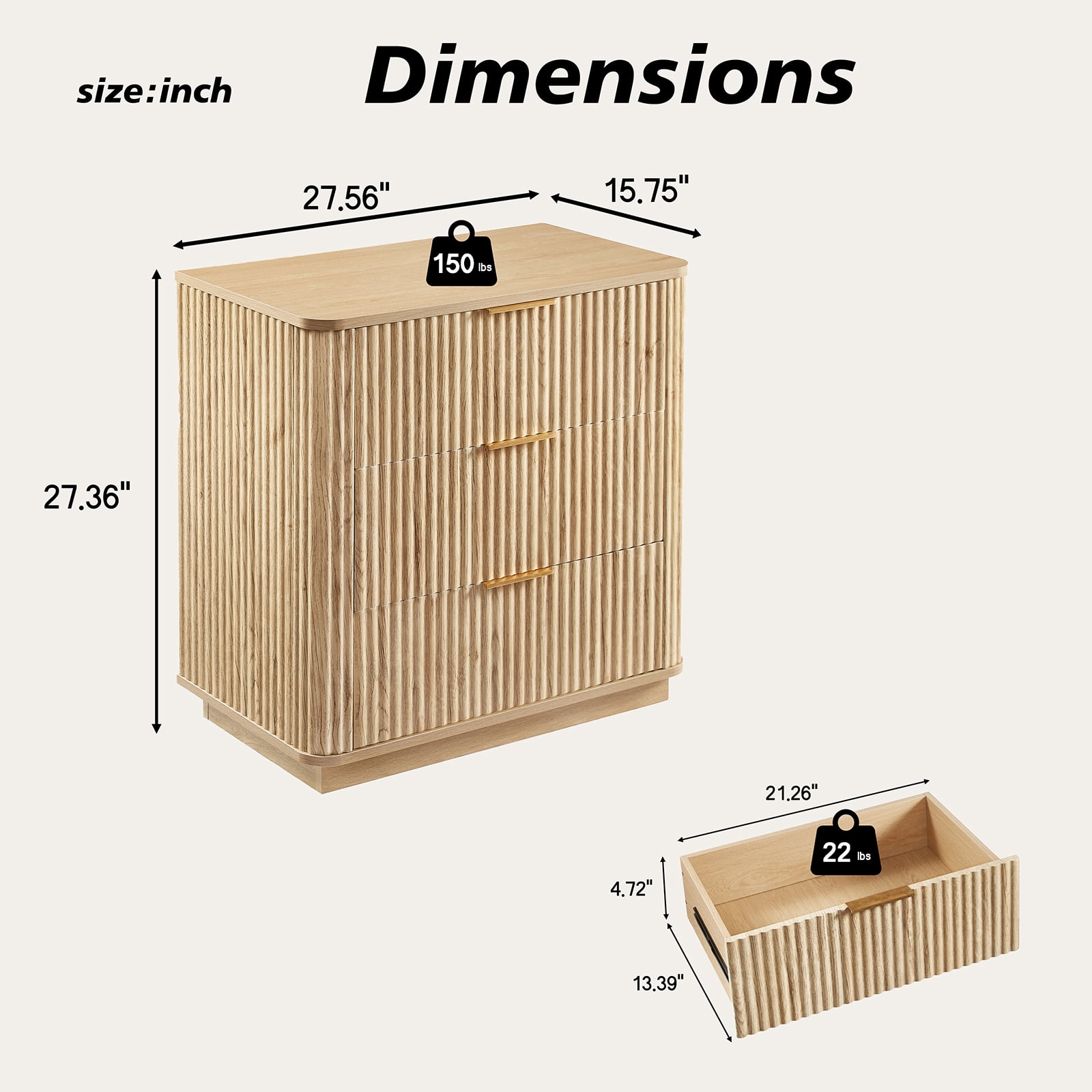 Dresser, 3 Drawers Chest of Drawers 2 Pack, Modern Nightstands with Curved Wave Design, Wood Drawer Organizer Set, Oak Finish