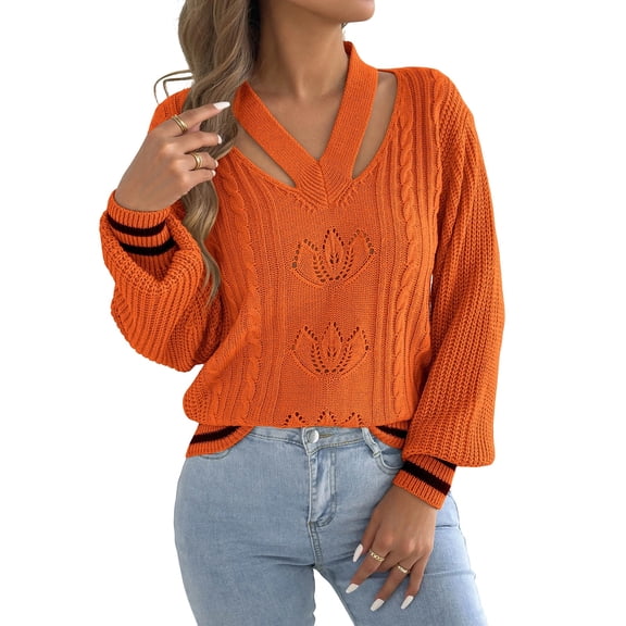 Fewfanhot Women's Sweaters Casual V Neck Long Sleeve Trendy Striped Pullover Cable Knit Sweaters