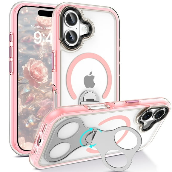 YINLAI Clear Magnetic iPhone 16 Case with 360° Rotatable Holder , Shockproof Protective Case for iPhone 16 , Pink