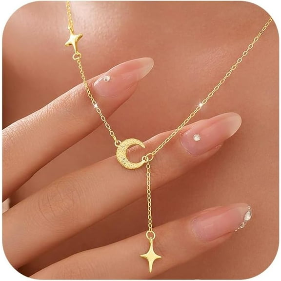Dainty Crescent Moon Star Necklace for Women 925 Sterling Silver Y Shape Drop Lariat Necklace Trendy Pendant Choker Necklace Back to School Jewelry Birthday Graduation Gifts