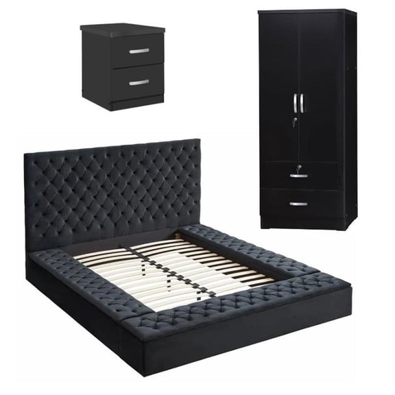 Home Square 3-Piece Set with Queen Bed Wardrobe Armoire & Nightstand in Black