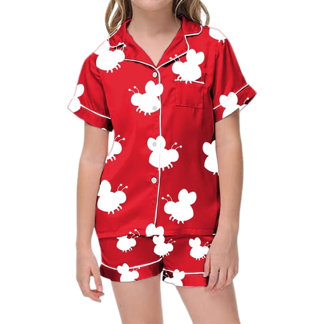Pyjamas pour Filles Journée Mondiale des Abeilles Imprimé Dessin Animé Ensemble de Pyjama en Satin d'Été avec Poches pour Enfants Filles Tout-Petits Pjs Rouges 2 Ans-3 Ans