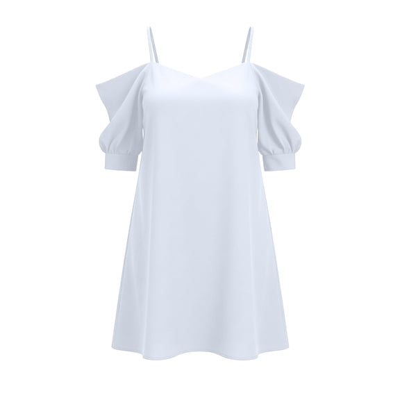 Puntoco Women Cold Shoulder Spaghetti Strap Solid Ruffle Short Sleeve Mini Dress, Loose Flowy off Shoulder Casual Party Loungewear Slip Nightgown White XL