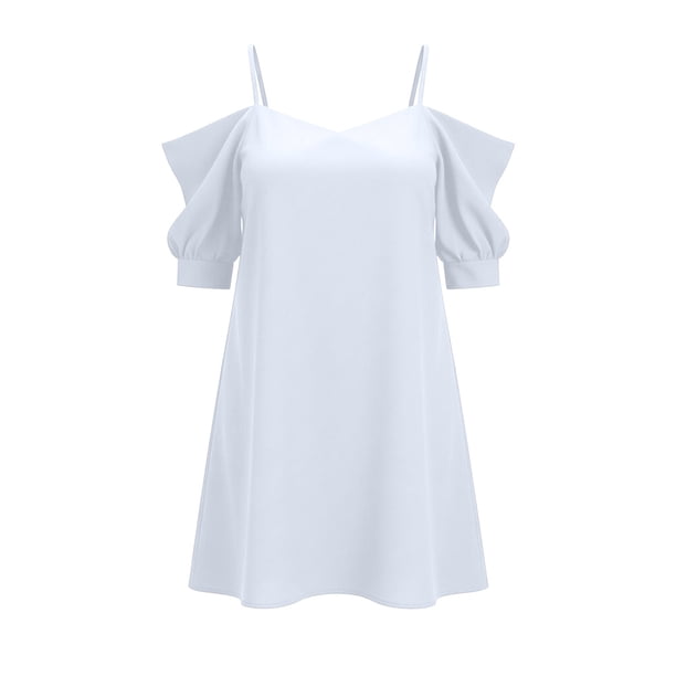 QUNYINEY Short Sleeve Spring Cocktail Dresses for Women Solid Formal Chiffon Mini Dresses V-Neck Loose Fit Party Off The Shoulder Slip Dress