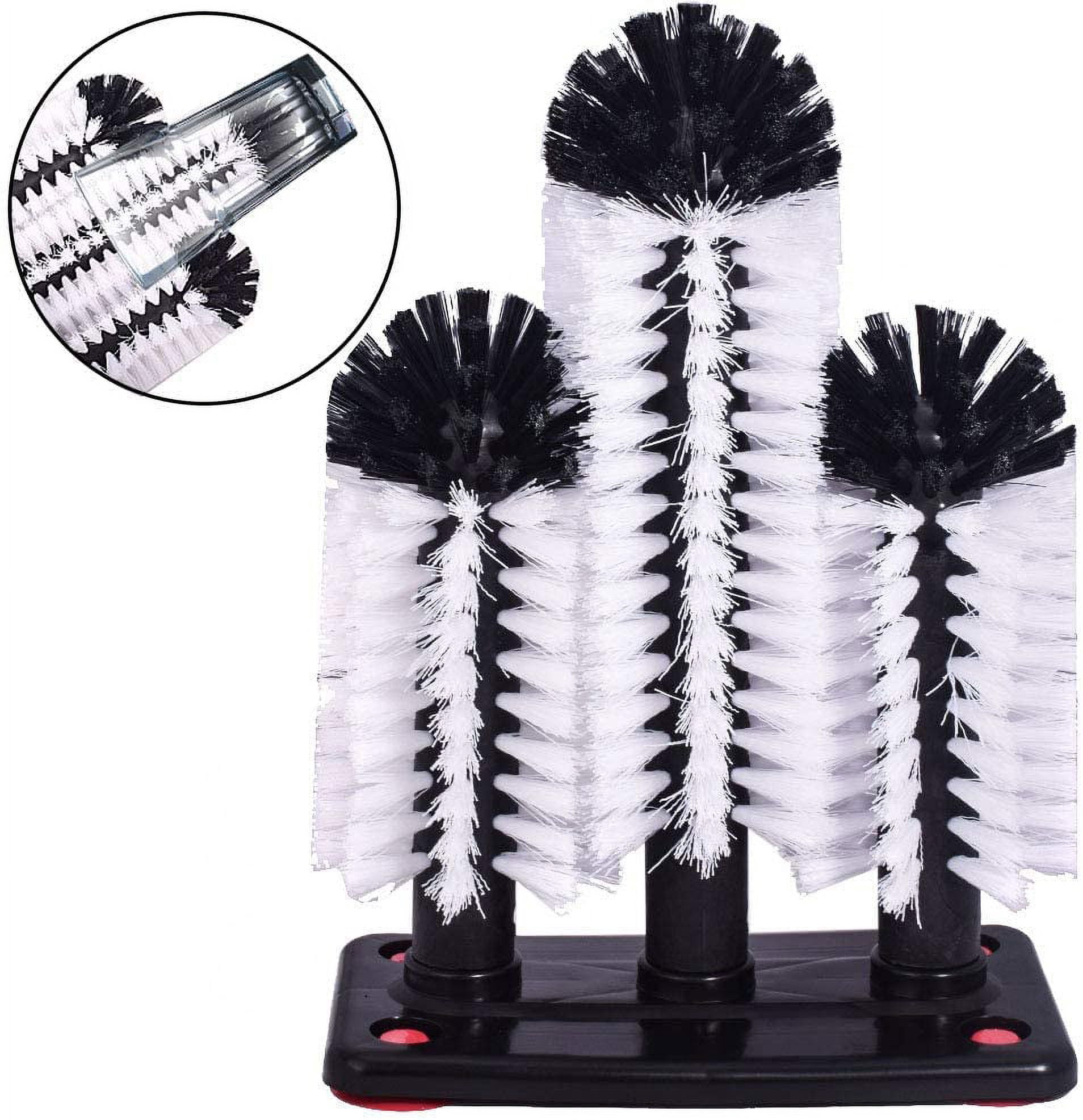 Water Bottle Cleaning Brush Glass Cup Washer with Suction Base 3 Head Bristle Brush for Beer Cup, Long Leg Cup, Red Wine Glass and More Bar Kitchen Sink Home Tools