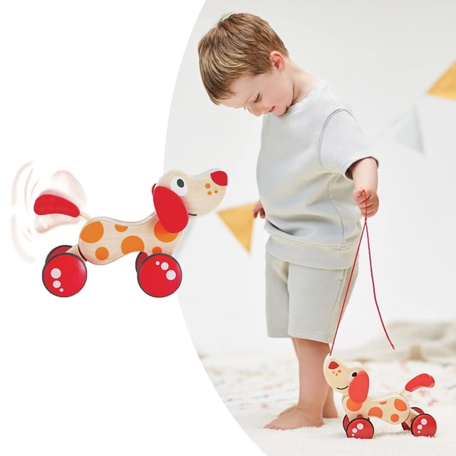 Wooden Pull Along Dog Tractor Toy for Classic Children' Pull Toy with Rolling Wheels For