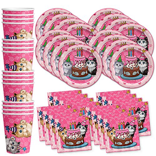 Kitty Cat Ensemble de Fournitures de Fête d'Anniversaire Chaton Rose Assiettes Serviettes Gobelets Vaisselle pour 16 par Birthday Galore
