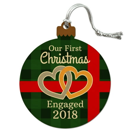 Christmas Tree Plaid Our First Christmas Engaged 2018 Hearts Green Plaid Wood Christmas Tree Holiday Ornament ()