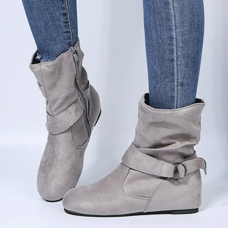 

YOTAMI Boots for Women 2022 Women s Winter Flat Leather Belt Buckle Suede Zipper Round Toe Ankle Boots Gray