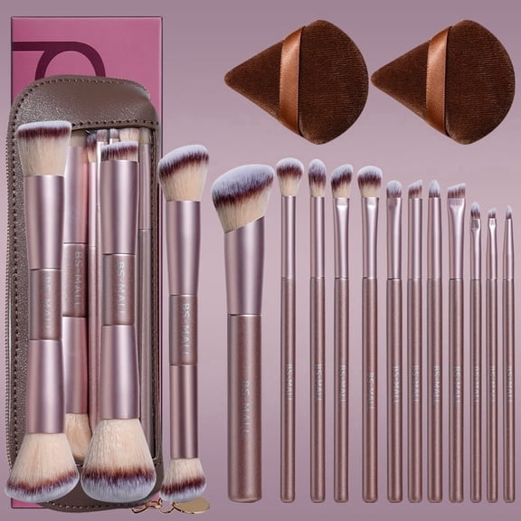BS-MALL Premium 15Pcs Lavender Double-Ended Makeup Brush Set, with Coffee Brown Cosmetic Bag 2 Coffee Brown Powder Puffs | Portable Travel Brushes (Foundation/Blush Brush Included)