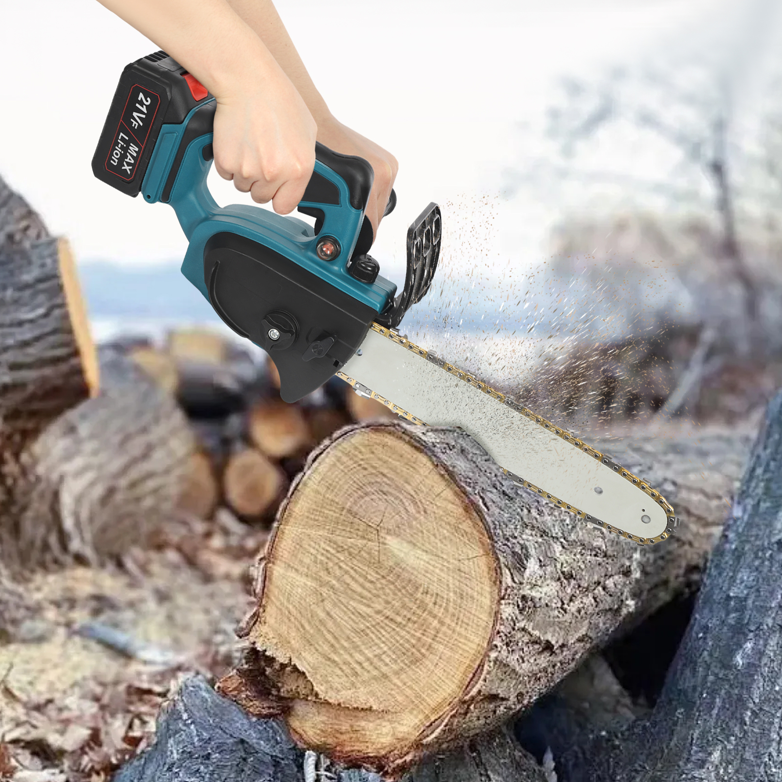 Lithium-Ion Electric Chainsaw with Sub-handle – SK5 Manganese Steel Chain, 32.81ft/s Cutting Speed, Blue – for Garden Pruning