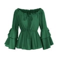 thumbnail image 2 of Lenpel Women's off the Shoulder Tops Bell Long Sleeve Tie Front Ruffle Trim Vintage Peplum Tops Going out Babydoll Blouses(Green,Small), 2 of 7