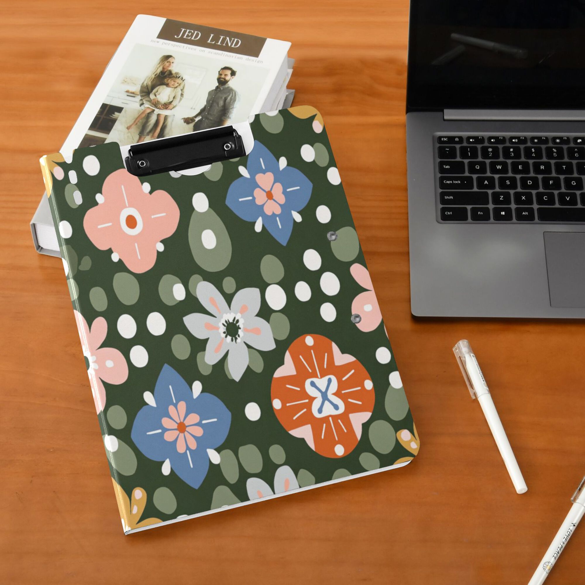 FORMRS A4 Clipboard Folder with Pen Holder Horizontal Foldable School Office Binder, Blue Geometric Flowers