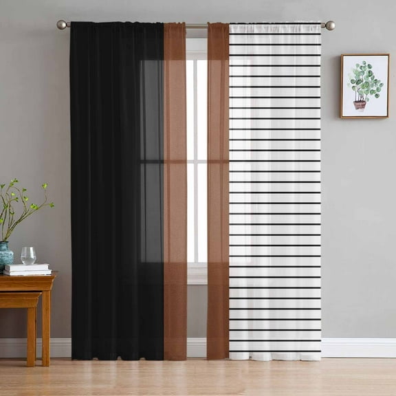 Black Brown Semi Sheer Curtains 72 Inch Length 2 Panels Set, Contemporary Striped Boho Art Sheer Kitchen Curtain Privacy Voile Window Curtain for Living Room Bedroom Rod Pocket Drapes