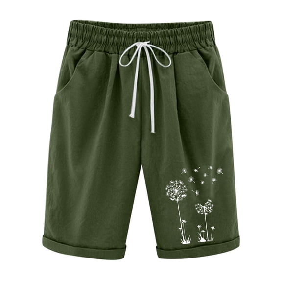 WREESH Womens Summer Shorts Printed Five Points Plus Size Cotton Linen Shorts Casual Shorts Olive Green