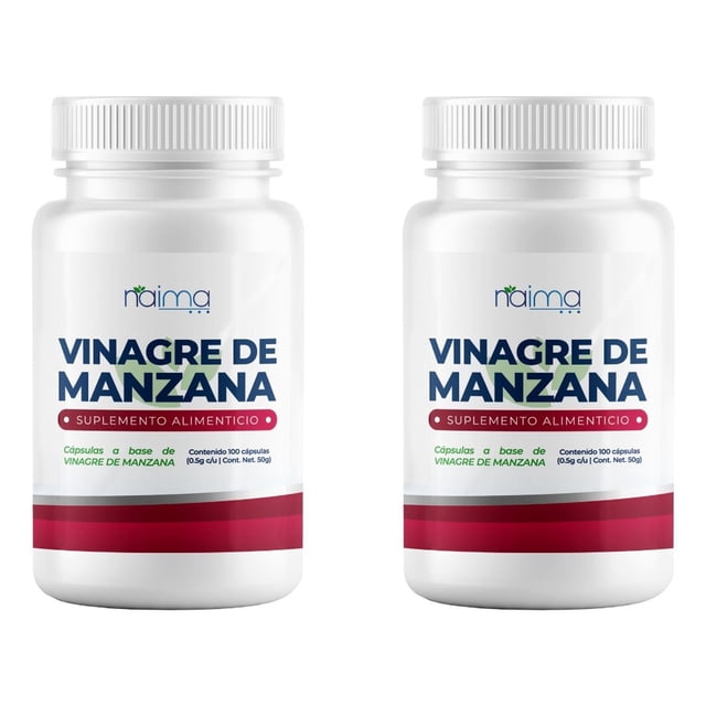 NAIMA Kit 2 Frascos de Vinagre de Manzana, 100 Cápsulas c/u | Suplemento Alimenticio 100% Puro y Natural | Apoyo Digestivo y Bienestar General | Sin Aditivos