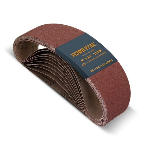 POWERTEC 15PK 4 x 21 Inch Sanding Belts for Belt Sander, 5 Each of 80, 120, 150 Grits, Aluminum Oxide Belt Sander Paper Assortment for Wood & Paint Sanding, Metal Polishing, 110011N