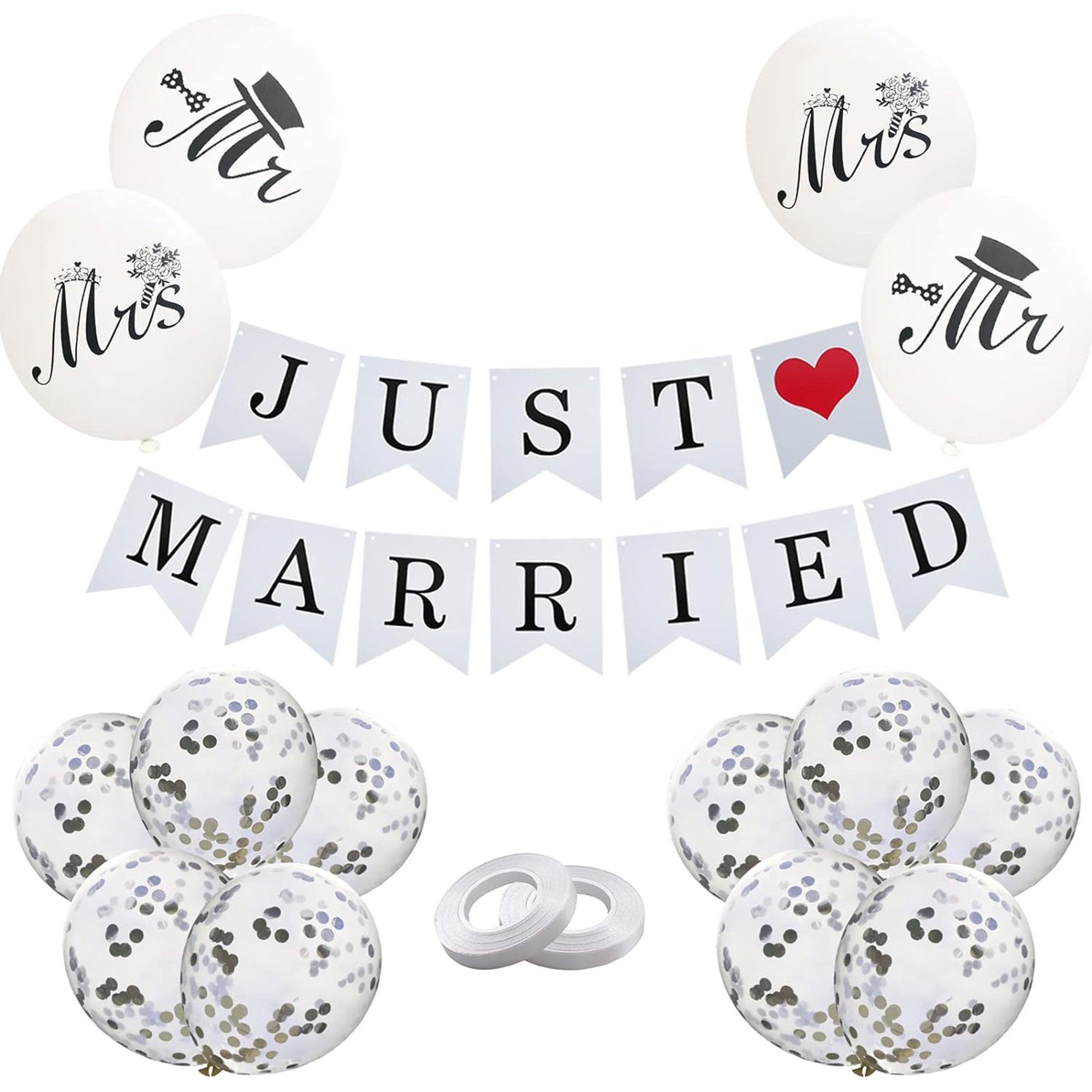 Vintage Just Married Decorations with Wedding Banner, Mr Mrs Balloons | White and Silver Balloons, Ribbons for Wedding Reception Decor, Car Decor, Bridal Shower, Photo Props