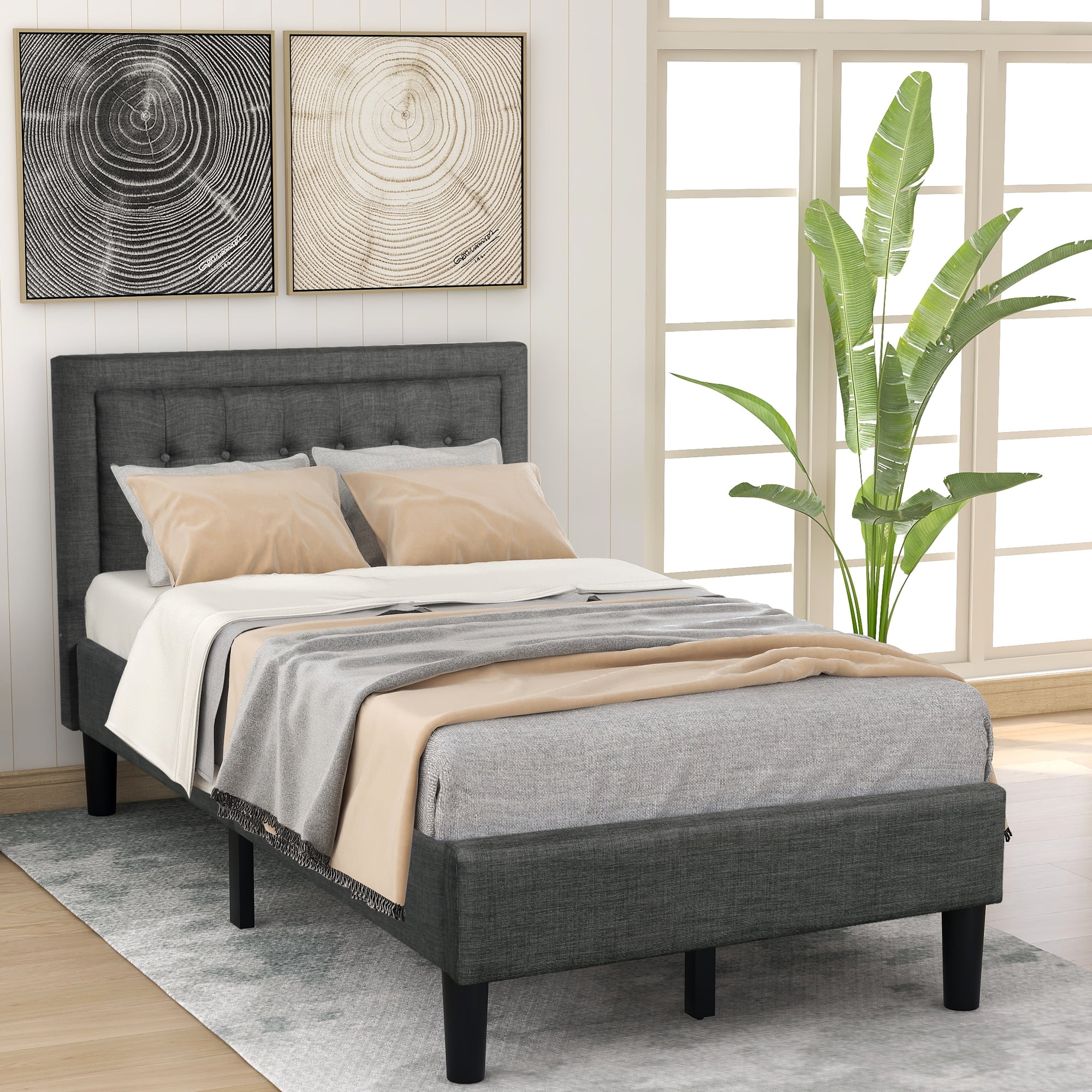 Button Tufted Platform Bed, Twin Size Bed Frame with Headboard, Gray