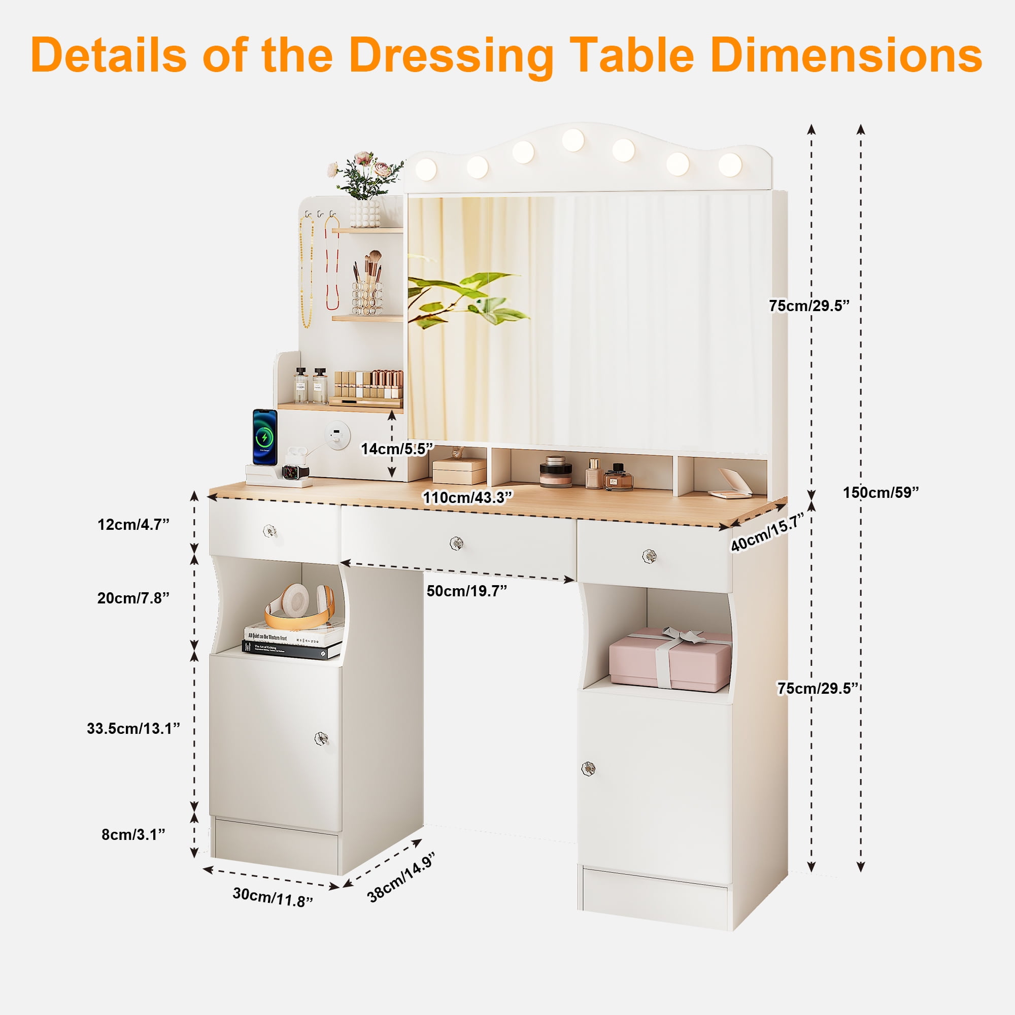 Yoneston Vanity Desk with Large Adjustable Light Mirror and 2 USB Ports, Makeup Table with 3 Drawers and 2 Cabients Storage for Bedroom,Dressing Room, White