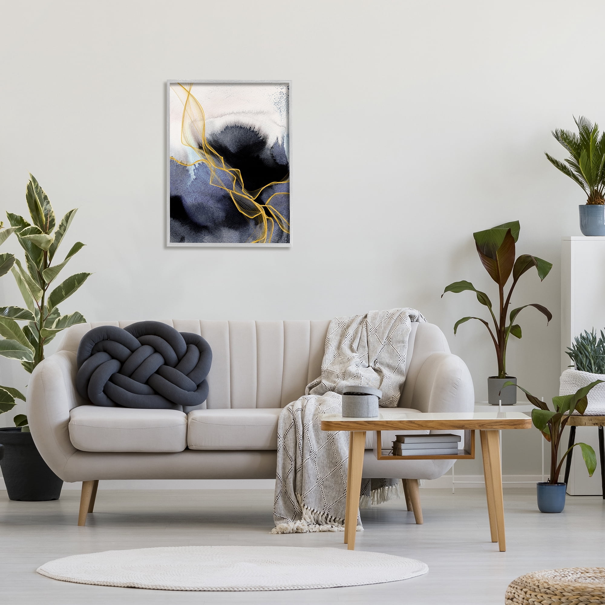Stupell Industries Modern Coastal Abstract Organic Lines Blue Gold Painting Framed Art Print Wall Art, 24x30, By Irena Orlov