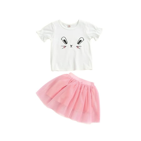 

KIMI BEAR Infant Girls Outfits 12 Months Infant Girls Summer Outfits 24 Months Infant Girls Cute Cartoon Print Short Sleeve T-shirt + Pink Skirt 2PCs Set White