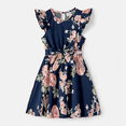 thumbnail image 2 of PatPat Family Matching Allover Floral Print Flutter-sleeve Belted Dresses Sets, Navy Blue, Girl: 4-5 Years, 2 of 6