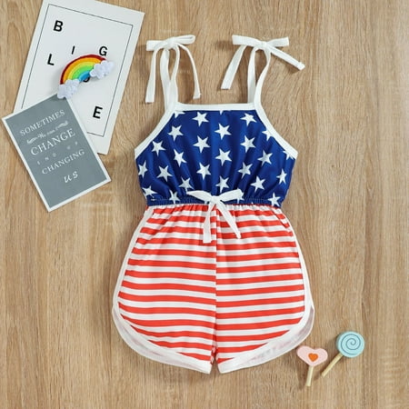 

Toddler Girls Sleeveless Independence Day Stars Striped Printed Romper 4th Of July Suspenders Jumpsuit