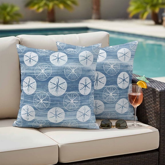 Summer Marine Life Outdoor Pillow Covers 20x20 Inch Throw Pillow Covers Set of 2 Waterproof Decorative Pillow Cases Nautical Coastal Sand Dollars Retro Blue Cushion Covers for Patio Furniture Garden