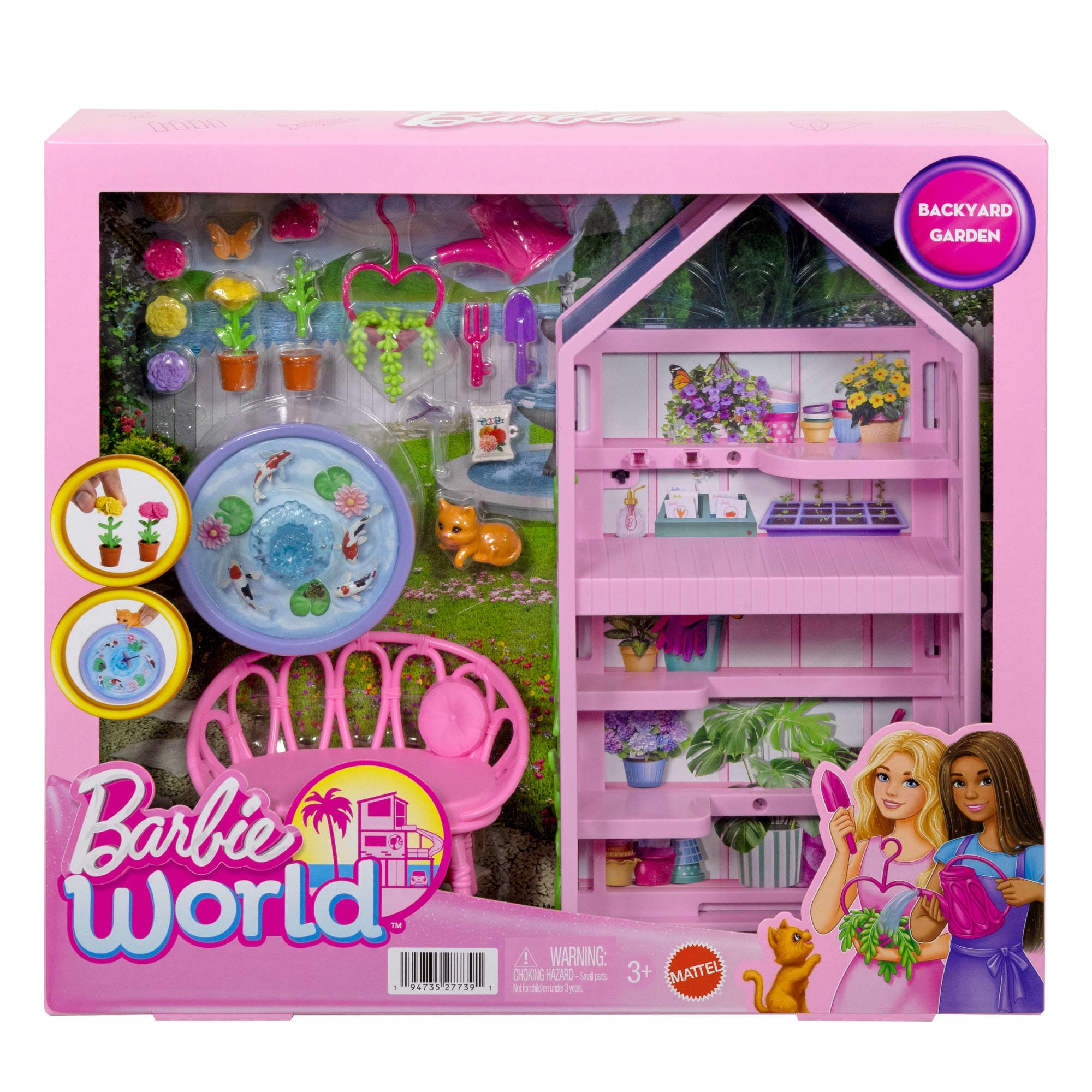 Barbie World Backyard Garden Toy Playset Shelf, Flowers, Fountain & Accessories [Walmart Exclusive]
