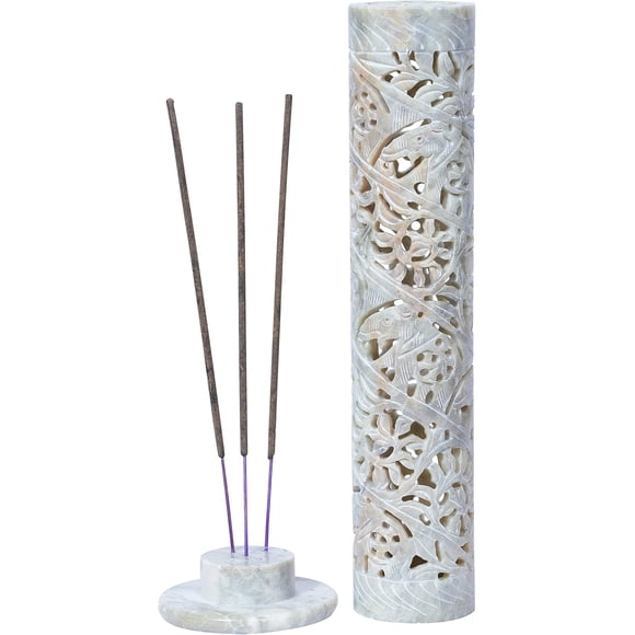 Crocon Handmade Soapstone Incense Stick Tower Candle Burner Incense Tower Burner | Tea Light Holder | Living Room Decor Kitchen Home Fragrance Decorative Great Gift Set - 7x7x26 cm