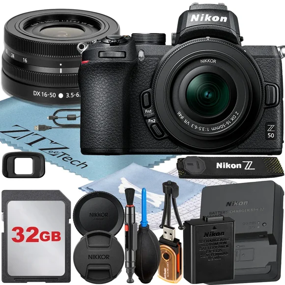 Nikon Z50 Mirrorless Camera with NIKKOR Z DX 16-50mm VR Zoom Lens + 32GB Memory Card + ZeeTech Accessory Bundle