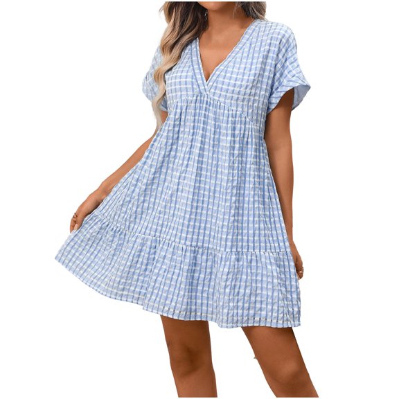 Stamzod Women's Dresses Summer V-Neck Short Sleeve Plaid Mini Dress Casual Ruffle Flowy Dresses for Women Beach Vacation Clothes Blue L