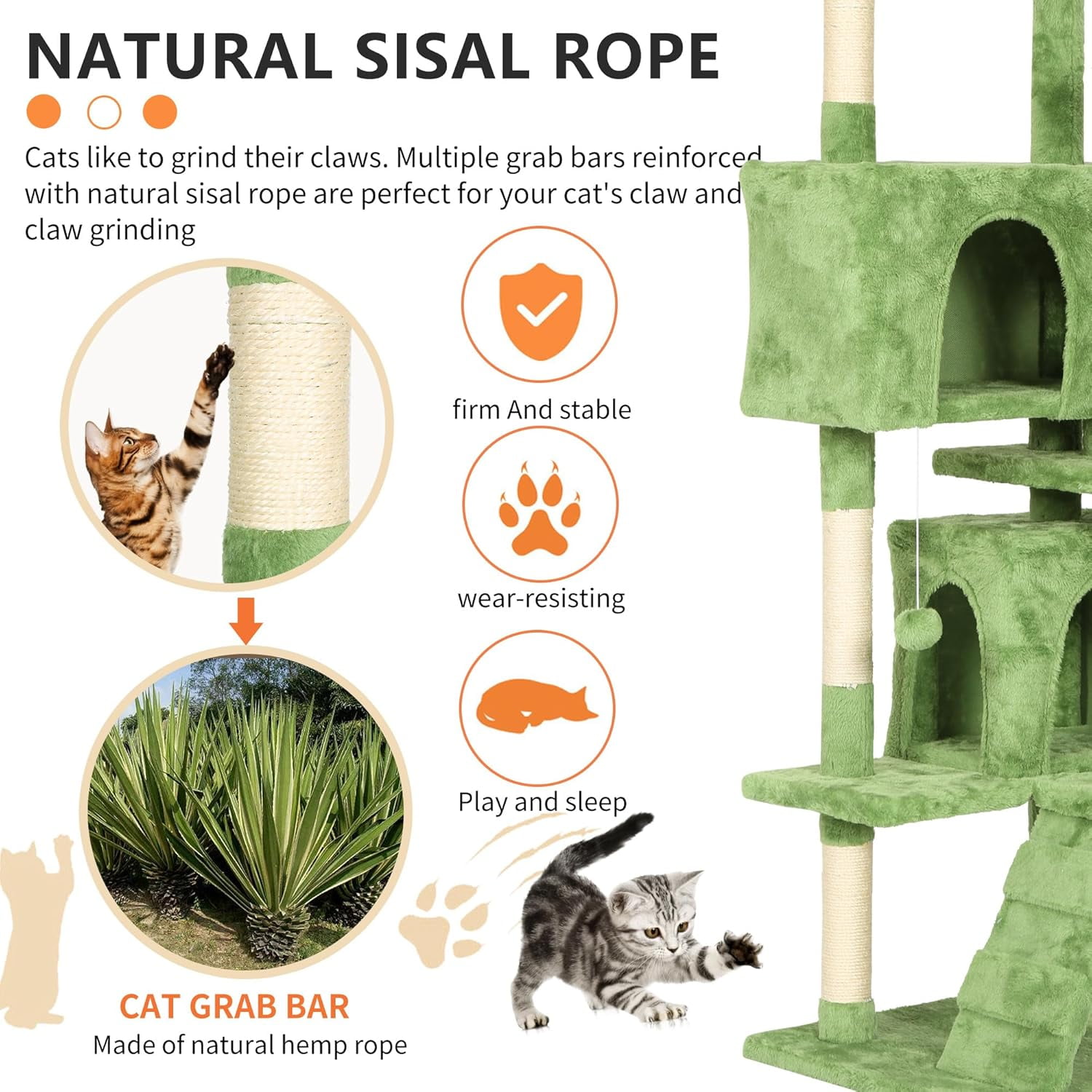 Dkelincs 70in Cat Tree Tower Multi-Level Double Condo Cat Furniture with Scratching Post Tower & 3 Top Perches, Green