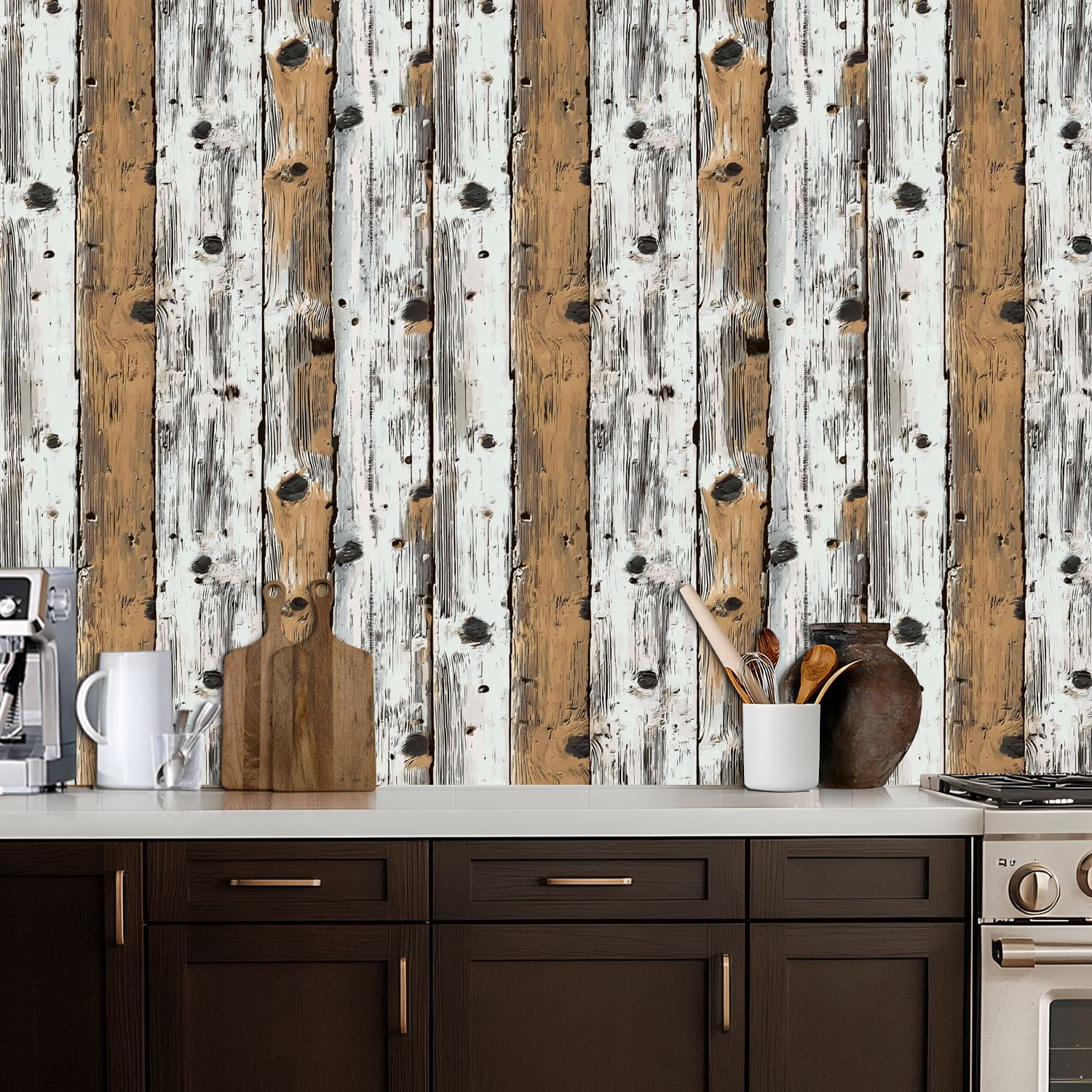 Vintage Peel and Stick Wallpaper Rustic Wooden Planks White Brown Distressed Finish Wall Mural 17.7in x 9.8ft Self Adhesive Removable Wall Paper Renter Friendly Wallpaper for Bedroom Cabinets
