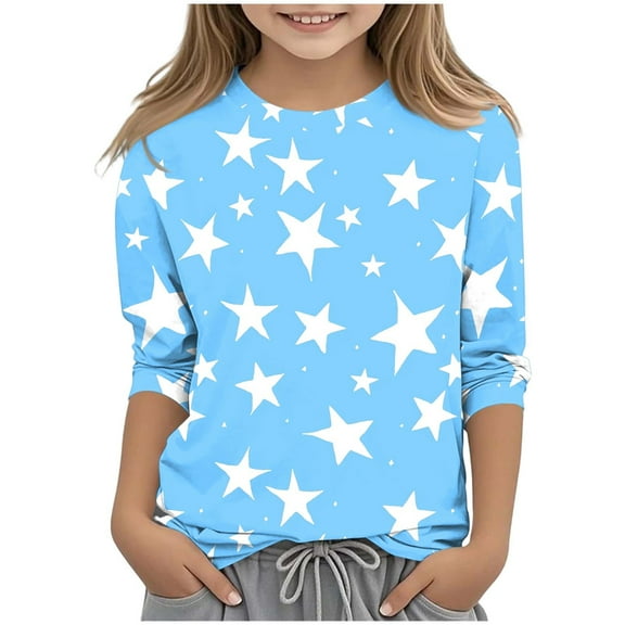 Ugoldhm Girls Blouses Round Neck Star Graphic Casual Tops 3/4 Sleeve Summer Fall Kids Clothes