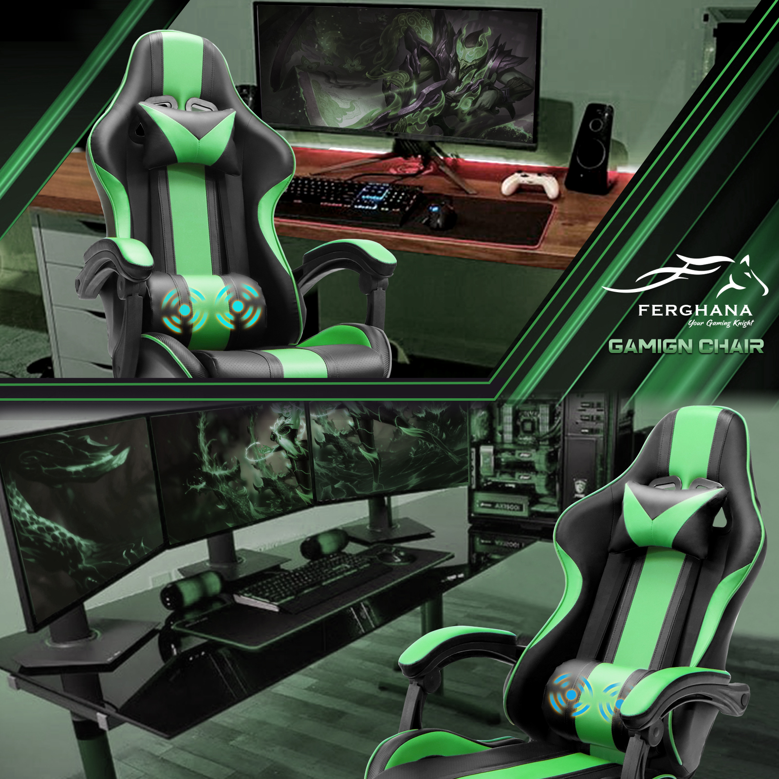 SOONTRANS Green Gaming Chair with Massage Lumbar Pillow photo 2
