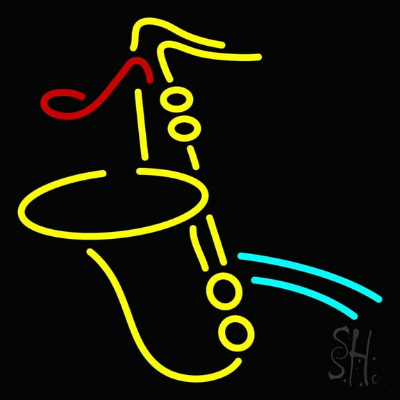 Yellow Saxophone Red Musical Note LED Neon Sign 24" Tall x 24" Wide - inches Black Square Cut Acrylic Backing, with Dimmer - Premium built indoor Sign for Studio, Club, Décor, Event, Storefront.