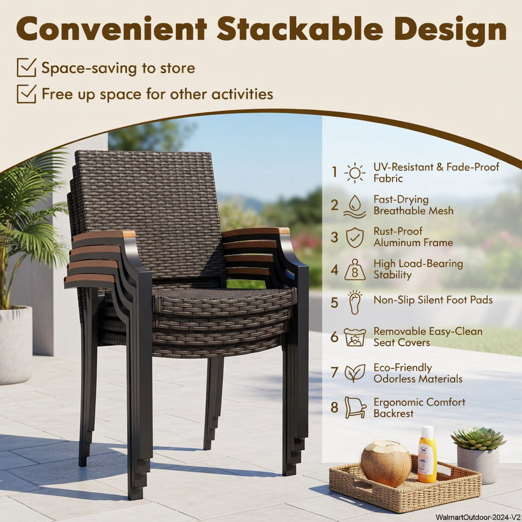 Hommoo 2-Piece Stackable Outdoor Dining Chairs, PE Rattan Wicker with Acacia Wood Armrests, Heavy-Duty Metal Frame, Weather-Resistant Patio Seating for Backyard, Porch & Garden, Brown