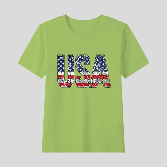 hengsof Girls Patriotic Graphic T-Shirt Fashion Printed Short Sleeve Cotton Crew Neck Top Children Independence Day Shirt Sizes 2-15