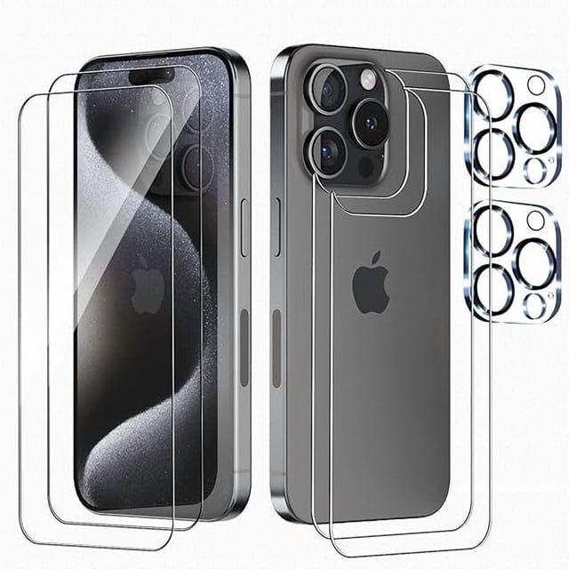 xixishop 2 Pack Front Screen and 2 Back Glass Protector Compatible with iPhone 15 Pro Max + 2 Pcs Camera Lens Protector, 9H Hardness, Easy to Install with Alignment Tool