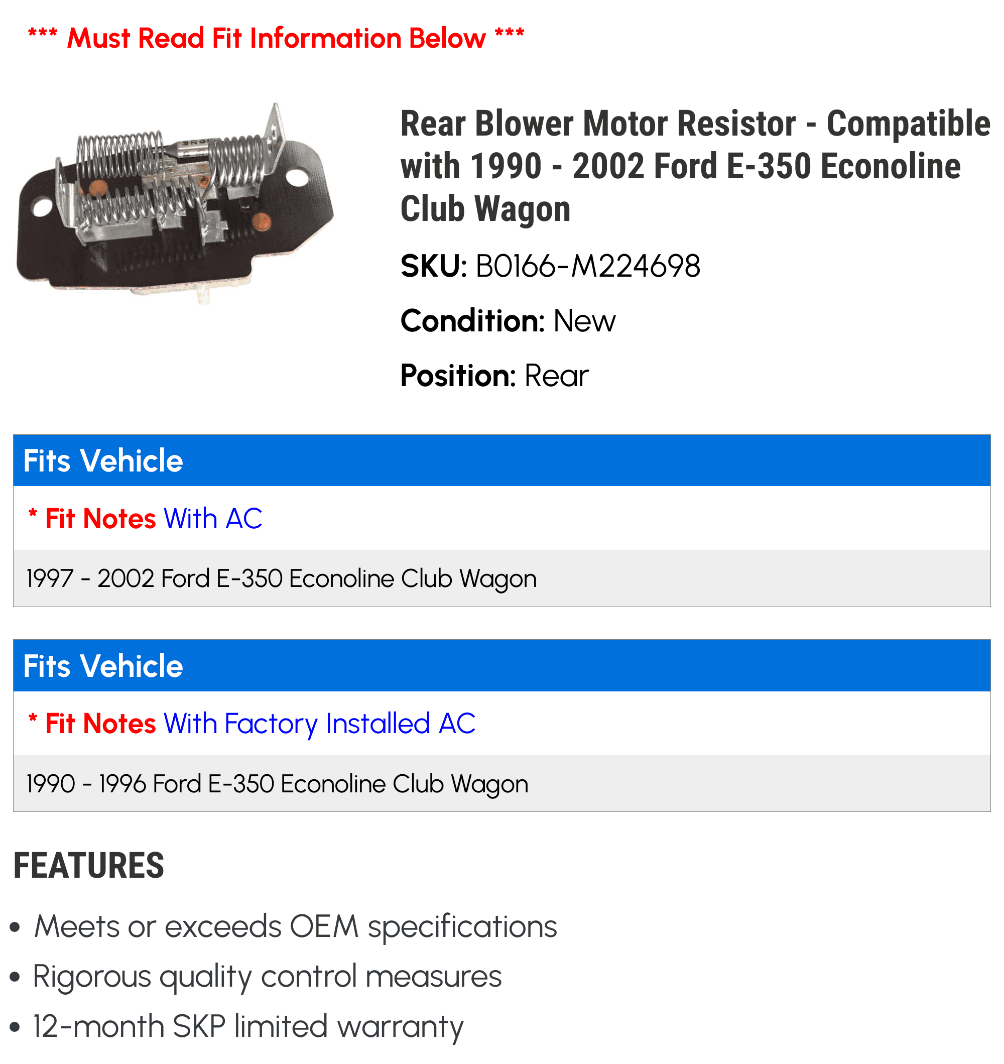 Rear Blower Motor Resistor - Compatible with 1990 - 2002 Ford E-350 Econoline Club Wagon 1991 1992 1993 1994 1995 1996 1997 1998 1999 2000 2001