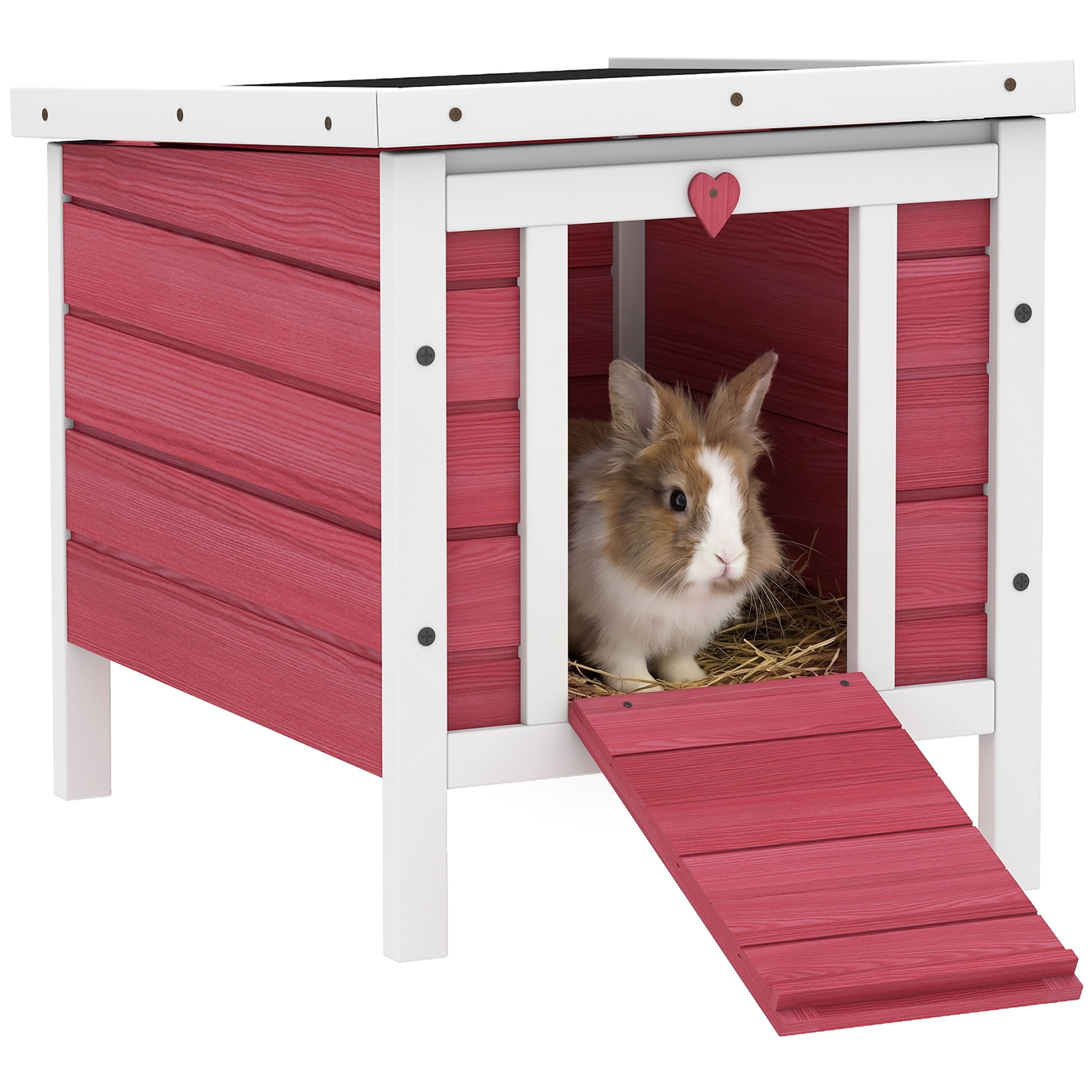 Small Wooden Rabbit Hutch with Openable Waterproof Roof, Heart Lock & Ramp, Fir Wood Bunny Cage for Rabbits, Guinea Pigs, Ducks, Red