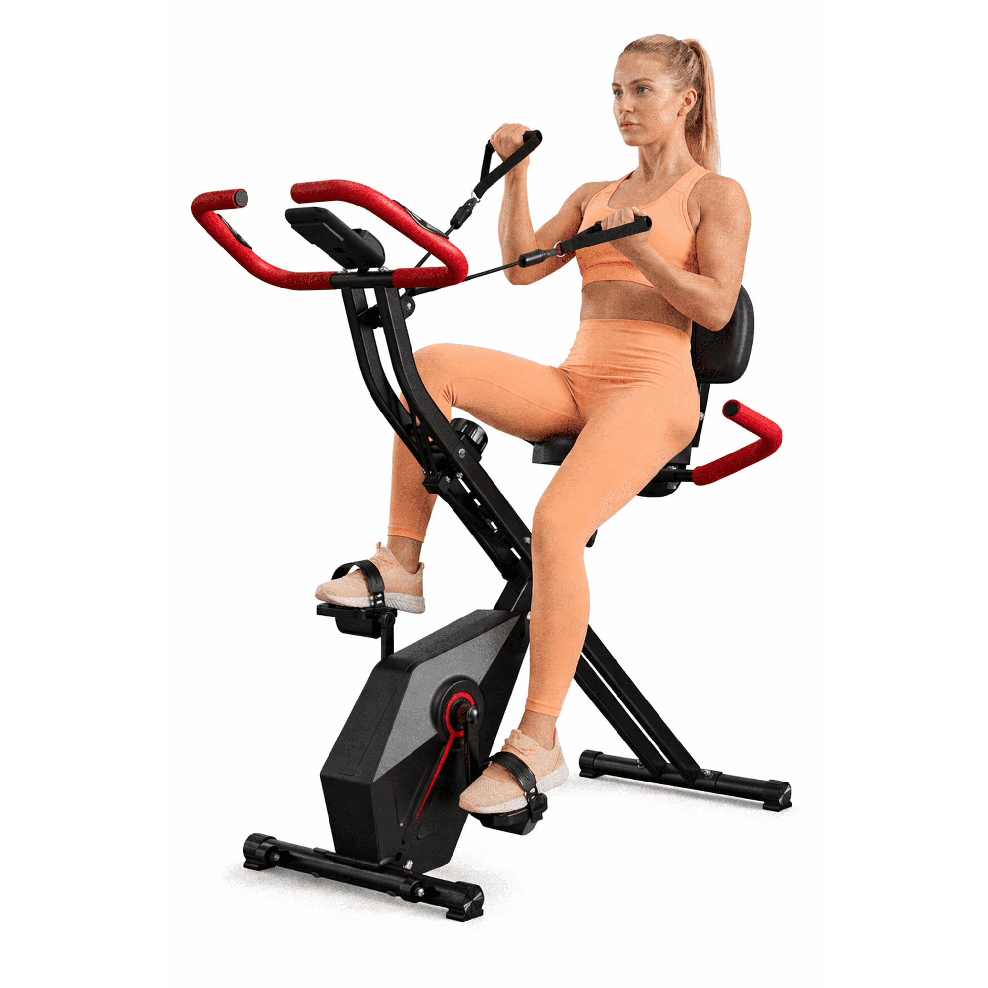 USLIM Foldable Exercise Bike for Home with Arm Resistance Bands, Quiet Magnetic Stationary Bike, LCD Monitor, 300 lb Capacity